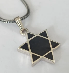 Men's Silver Star of David Necklace Vintage Black Enamel Patina Foxtail 925 Gift - Picture 1 of 16