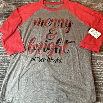 SeaWorld Christmas Shirt Womens Small Reglan Merry & Bright Buffalo Plaid Gray - Изображение 1 из 4
