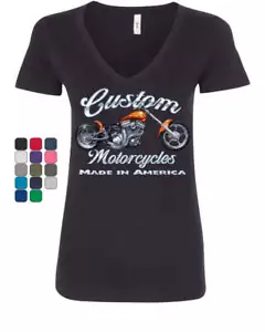 Custom Motorcycles Women's V-Neck T-Shirt Biker Chopper American Tradition USA - Picture 1 of 11