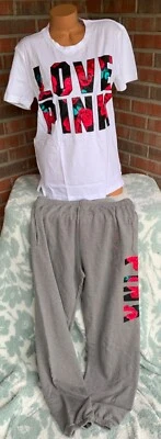 Victorias Secret 粉色超大校园T恤和裤子,尺寸小号 2 件套花卉 — 第 1/2 张图片