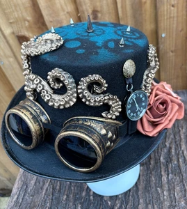 Unique Black Steampunk Top Hat Feathers Goggles Pocket watch Octopus 57cm (27) - Picture 1 of 8