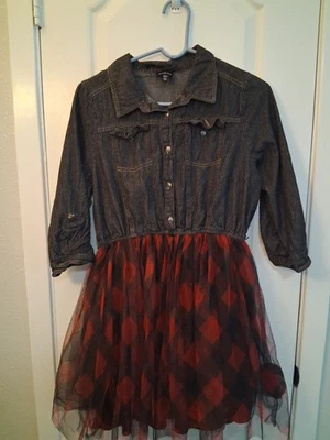 Vestido de mezclilla medio con brillo rojo y falda de tul rojo Lilt 22,5 para niñas Foto 1 de 4