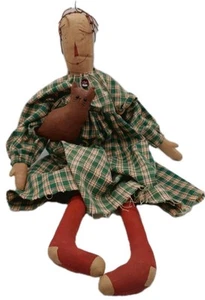 Primitive Volkskunst Stoffpuppe bemalt Gesicht hält Katze 21 Zoll - Bild 1 von 8