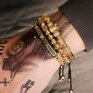 3Pcs/Set Luxury Gold CZ King Crown Bracelet Bangle Jewelry Gift Set for Mens - Picture 1 of 13