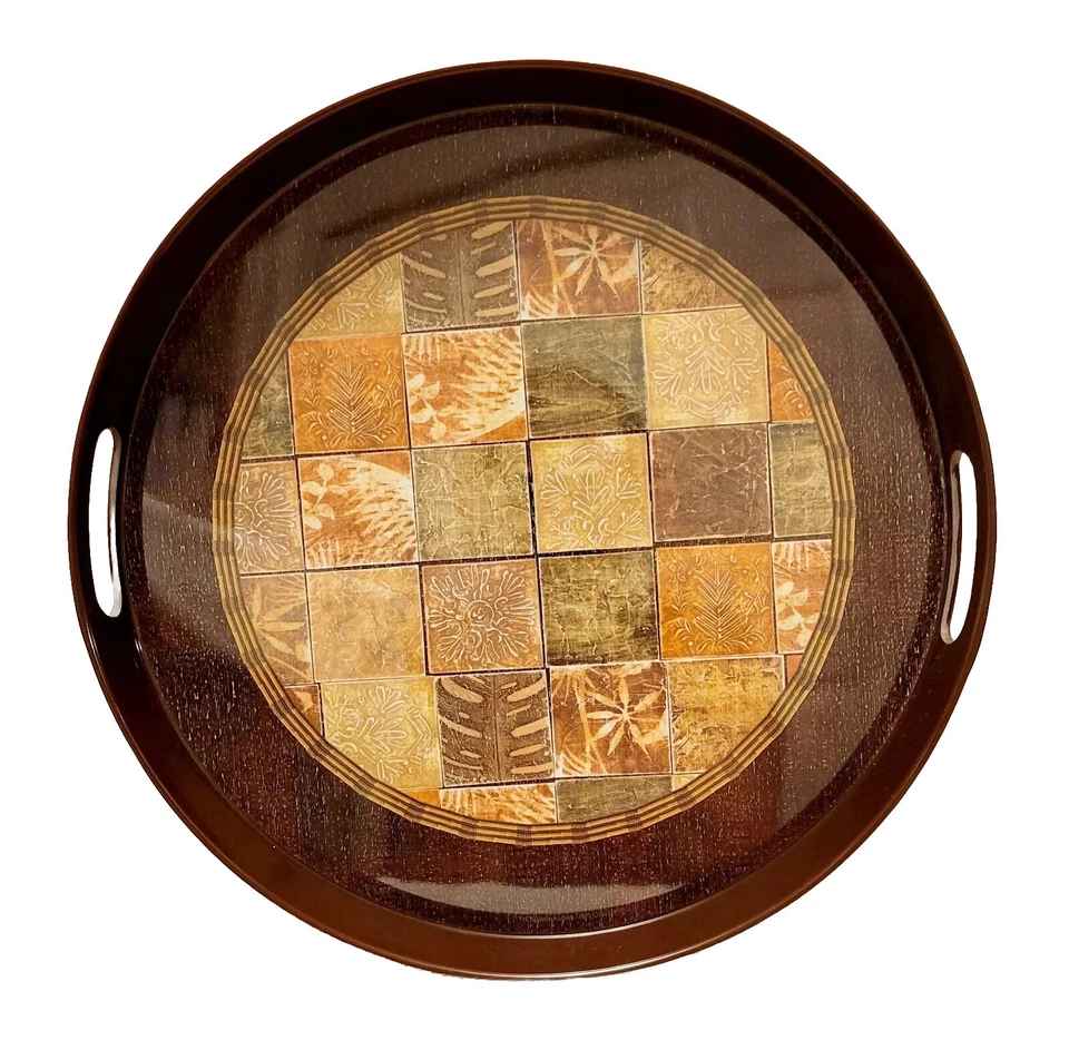 Serving Tray Presidio Round Brown Nature Theme 14" With Handles - Image 1 of 4