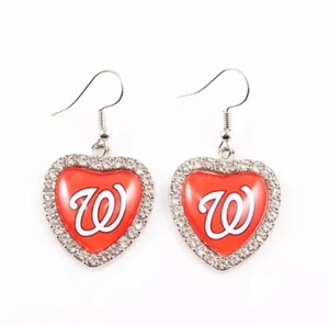 Washington Nationals Heart Earrings Ear Rings Baseball Team Logo Gift Crystal - Picture 1 of 1