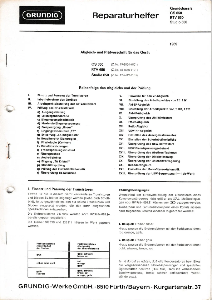 Guía manual de servicio para Grundig RTV 650, CS 650, Studio 650 Foto 1 de 1
