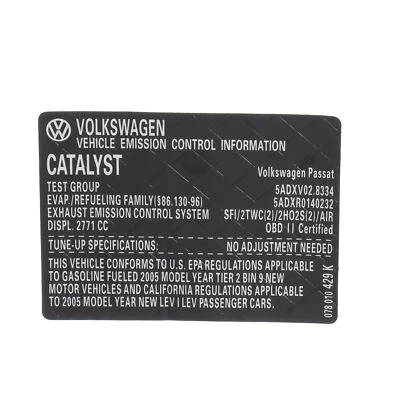 NEW OEM Volkswagen Emission Control Information Emission Label 078-010-429-K - Image 1 of 2