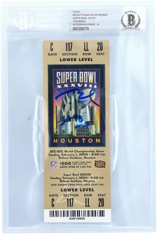 Tom Brady Patriots Signed Super Bowl XXXVIII Ticket w/"SB 38 MVP" Insc BAS 10 Cover