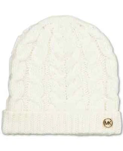 Michael Michael Kors Moving Cables Knit Hat Women's Cream Ribbed Logo Charm - Picture 1 of 9