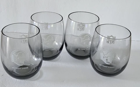 4 vtg NFL roly poly DRINK GLASSES gray smoke DETROIT LIONS Cover
