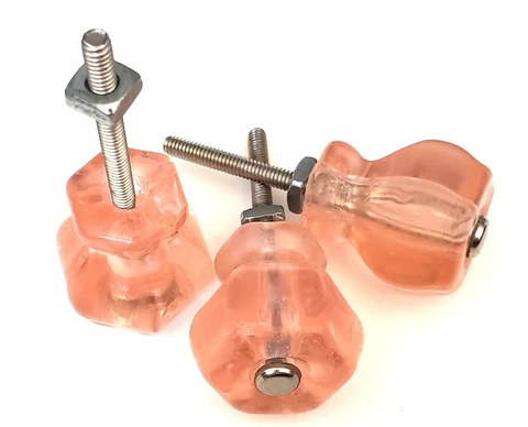 Set of 3 Pink Hexagon Glass Knobs Pulls...Cabinet Door Drawer…Antique Look Cover