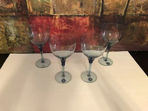 4 NEW Block Basics Art Blue Swirl Stem Wine Set Glasses Handblown Vintage - Picture 1 of 10