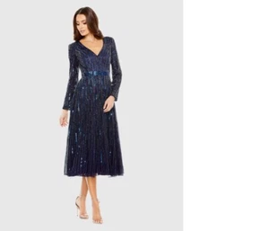 Mac Duggal Navy Long Sleeve Tea Length Wedding Guest Dress in, Size US 8 - Picture 1 of 2