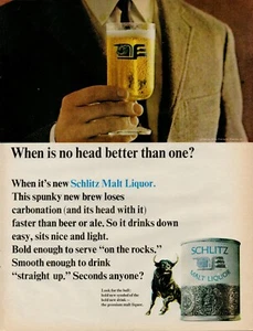 1966 SCHLITZ MALT LIQUOR Beer No Head Better Than One Look Bull Vintage Print Ad - Picture 1 of 8