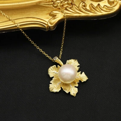 D17 Foglia Con Perle di Acqua Dolce Ancora con Ciondolo 925 Argento Dorato - Immagine 1 di 4