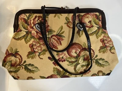 Brighton Tapestry Bag Tote Carpet  Weekender Overnight Floral Leather Boho Vtg - Image 1 of 4