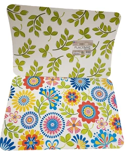 2 REVERSIBLE NON CLEAR HARD PLASTIC PLACEMATS 12" x 18", LEAVES & FLOWERS, CA - Picture 1 of 9
