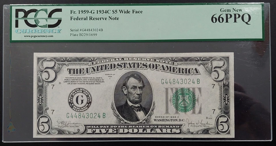 1934 C $5 Federal Reserve Note, Chicago, Wide Face, Gem New 66 PPQ! Fr#1959G. - Image 1 of 4