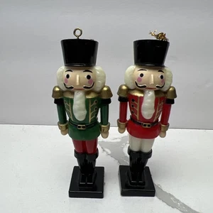 Nutcracker Figure Ornament 2 Soldiers Red Green Hard Plastic Christmas 4" - Picture 1 of 6