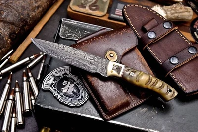 CFK Handmade Custom Damascus BEAR SCRIMSHAW BONE SHEEP HORN Hunting Sport Knife - Image 1 of 4