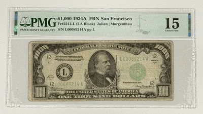 1934-A $1000 Federal Reserve Note PMG 15 San Francisco Banknote Fr. 2212-L - Image 1 of 2