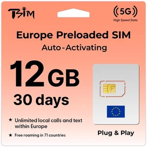 TSIM Prepaid Europe SIM 12GB 30 Days Unlimited Calls & Texts 71 Countries 4G - Picture 1 of 4