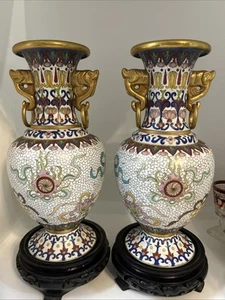 Old Cloisonne Enamel Copper Dynasty Palace 2 Dragon Rings Matching Pair - Picture 1 of 13