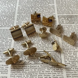 Vintage Cufflinks Collar Studs & Tie Clip Gold Tone - Picture 1 of 5