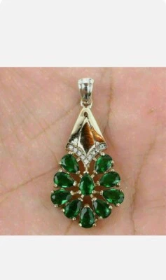 2 Karat Tropfenschliff Simulierte Smaragd Klassisch Anhänger Halskette 14K Gelb - Bild 1 von 4