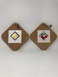 Set of 2 Vintage Cherry & Lemon Ceramic Tile & Cork Trivets Kitchen Wall Art - Picture 1 of 10