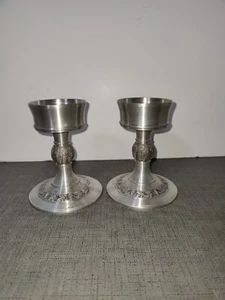 Candlestick Holders Zinn Becker Stuttgart 94% Vintage German Pewter Grape/Leaves - Picture 1 of 12