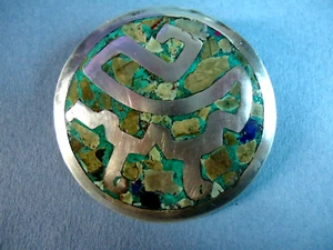 Old Taxco Sterling Silver Pendant/brooch w/ Turquoise & Lapis Chips, Signed YR - Picture 1 of 3