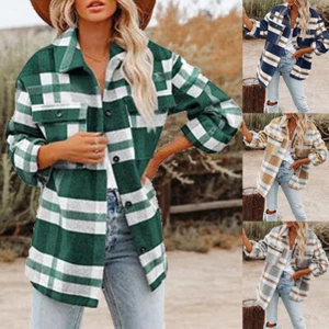 Women Check Fleece Casual Jacket Shacket Baggy Tartan Tops Shirts Coat PLUS SIZE - Picture 1 of 21