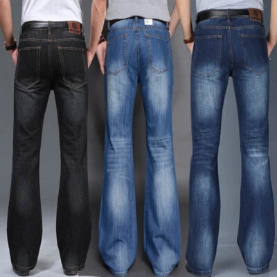 Men's Casual Flared Jeans Retro Bell Bottom Denim Pants Slim Bootcut Trousers - Image 1 of 4
