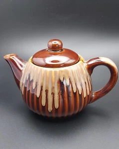 Studio Pottery Tea Pot Drip Glaze Handmade Vintage 3 1/2 Inch Brown Beige Gold - Picture 1 of 24