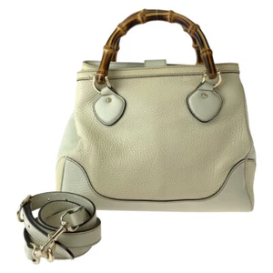 Authentic GUCCI Bamboo 308360 Shoulder Bag handbag Ivory Brown leather GG - Picture 1 of 10