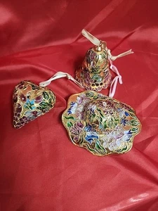 Lot of 3 Cloisonné Enamel Hanging Ornaments/ Bell, Hat, Heart - Picture 1 of 6