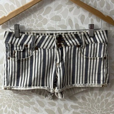 Dollhouse Junior’s 5 Blue White Stripe Low Rise Stretch Denim Shorts Shorties - Image 1 of 4