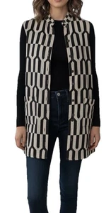 Bryn Walker Keaton Linen Vest Size XXS Black Tan Geometric Print Lagenlook - Picture 1 of 6