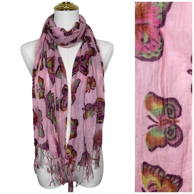 Bufanda ajustada ligera con estampado de polilla mariposa rosa vintage borlas Y2K hada Foto 1 de 4