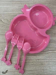 Kids Pink Plastic Plate & Cutlery Set | Baby Feeding Spoon Fork Tray - Picture 1 of 2