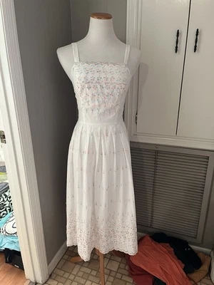 Lanz Original Sundress VTG 70s 80s Rainbow Thread Eyelet Fitted Bodice Lined S - Image 1 of 4