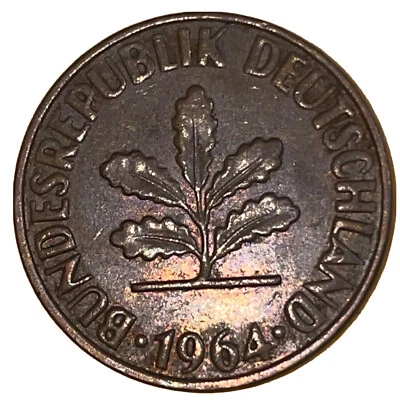 1964 J Coin German Two Pfennig Oak Seedling Two Rye Ears Bronze 19.25mm KM# 106 - Image 1 of 4