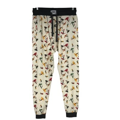 LAZY ONE - MEN'S MEDIUM - CREAM COTTON BLEND FISHING FLY LURES LOUNGE PANTS - Image 1 of 4