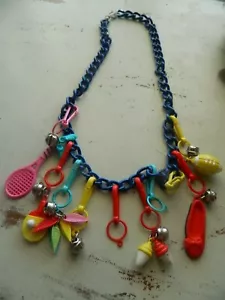 Cute 1980s Bell Blue Chain Clip Charm Necklace 5 Charms **MISSING LEAF CHARM 022 - Picture 1 of 7