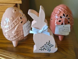 Set of 2 EASTER CERAMIC EGG LIGHT UP TABLETOP DECOR 6" & 1 wood bunny - Picture 1 of 15
