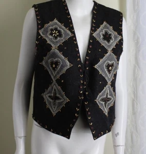 Lemon Grass Sz M HEARTS Embroidered Floral Wool Artsy Vest Jacket - Picture 1 of 8