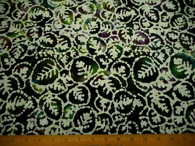 Batik Fabric By The Half-Yard White Leafs Purple Blue Green Hand-Dyed Cotton #84 - Image 1 of 2