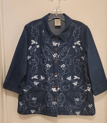 Allison Daley Denim Jacket Embroidered Flowers Brass Botton 3/4 Sleeves 14P - Image 1 of 4